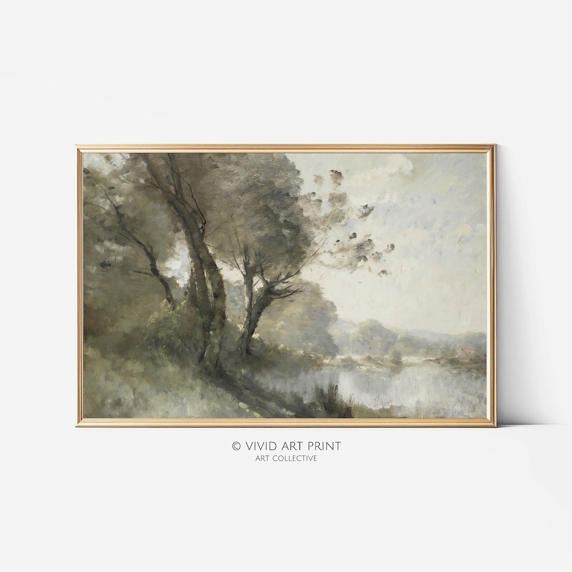 Riverside Landscape, Muted Vintage Art Print