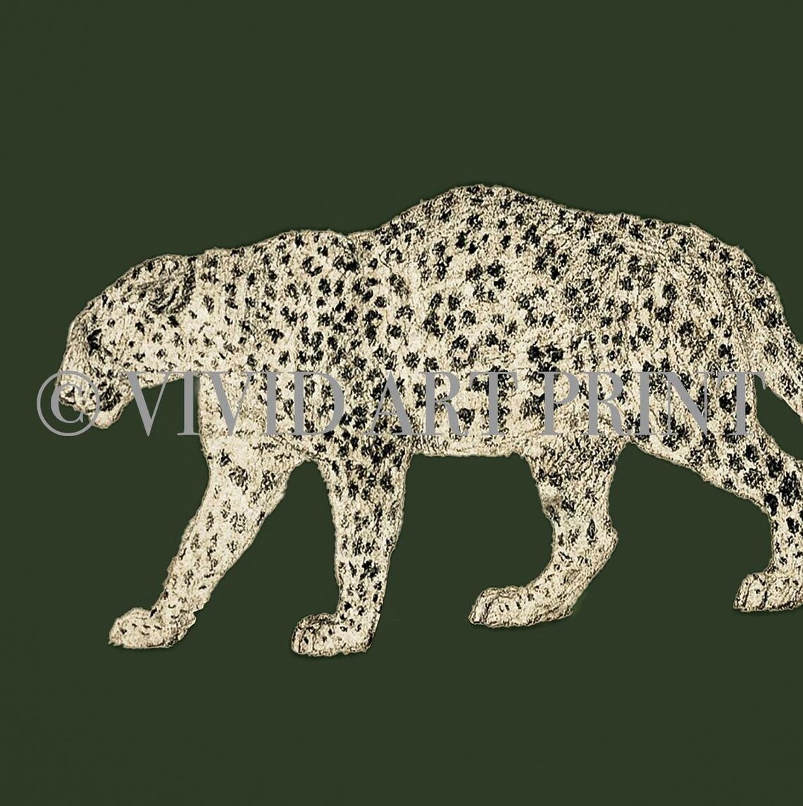 Walking Spotted Leopard on Deep Olive Green Vintage Wildlife Poster - Image 4