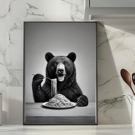 Bear Happily Eating Spaghetti with a Fork Funny Kitchen Black and White Poster