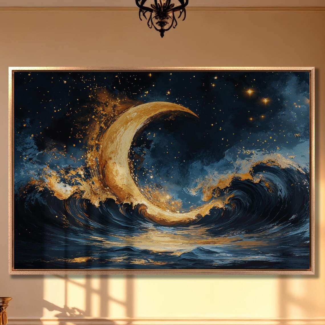 Golden Crescent Moon Celestial Wall Art Print