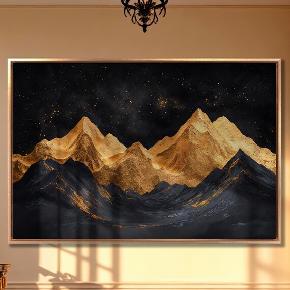 Golden Mountains Under Starry Sky Wall Art Abstract Landscape Painting Print Luxury Wall Decor Black And Gold Artwork Ready To Hang