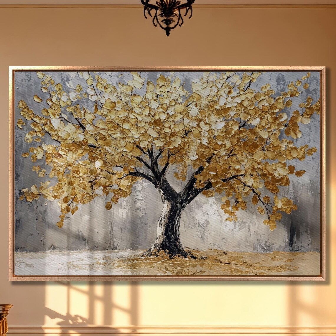 Golden Leaf Tree Textured Impasto Painting On Gray Background Poster