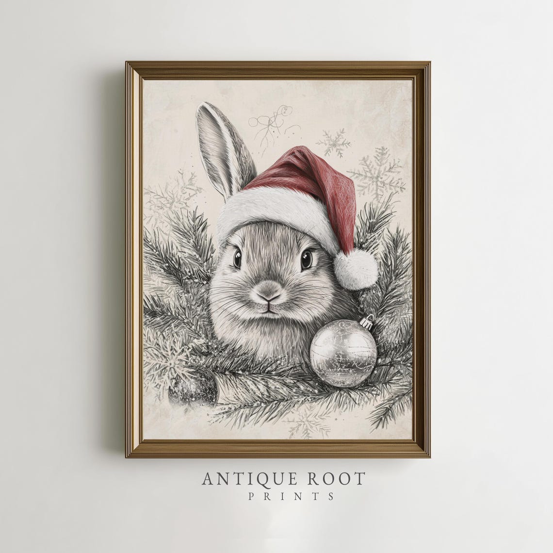 Vintage Bunny In Santa Hat Sketch Festive Pine Christmas Wall Art