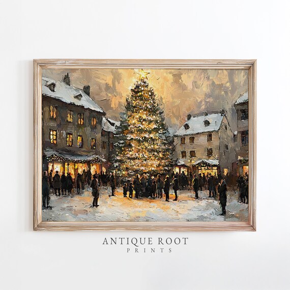 Christmas Tree Town Square Vintage Winter Market Oil Painting Poster