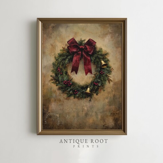 Vintage Christmas Wreath Red Bow Gold Bells Berries Holiday Poster
