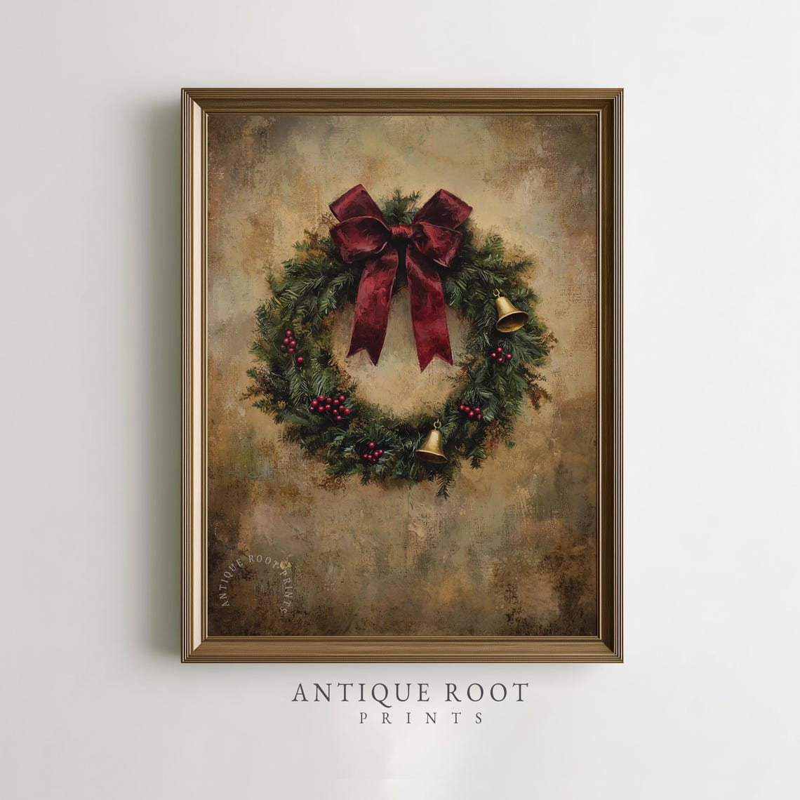 Vintage Christmas Wreath Red Bow Gold Bells Berries Holiday Poster