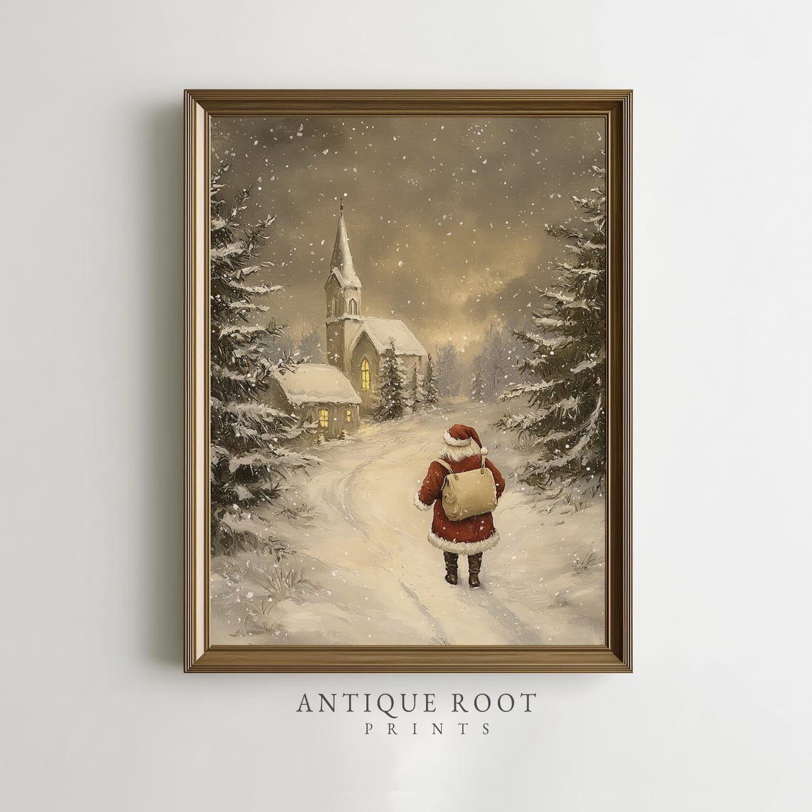 Santa Walking Towards A Church Vintage Oil Painting Christmas Art Print Wall Decor Festive Winter Scene Cozy Holiday Instant 58