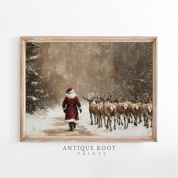 Santa Walking With Reindeer Herd Snowy Forest Vintage Christmas Print