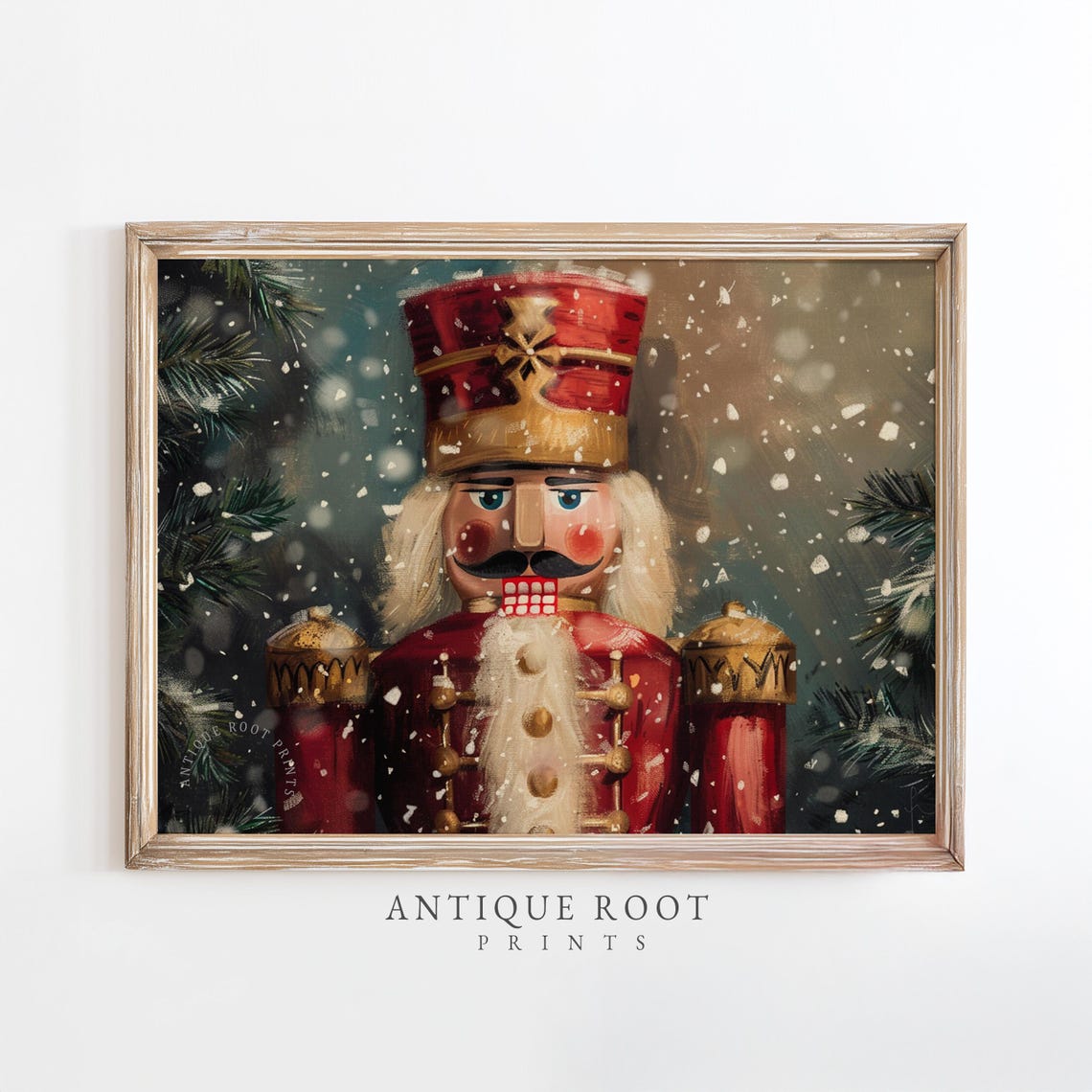 Wooden Nutcracker Soldier In Snow Vintage Red Christmas Poster