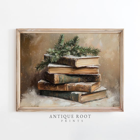 Stack Of Old Books With Pine Rustic Vintage Stilllife Painting Dark Academia Art Cozy Winter Decor Textured Antique 83