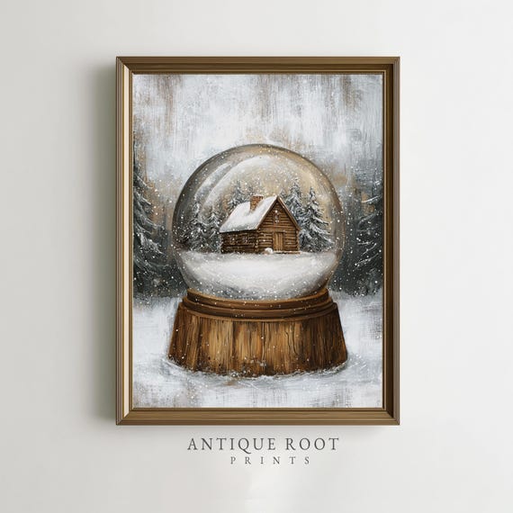 Winter Snow Globe Cabin Rustic Wall Art Cozy Holiday Home Decor Farmhouse Painting