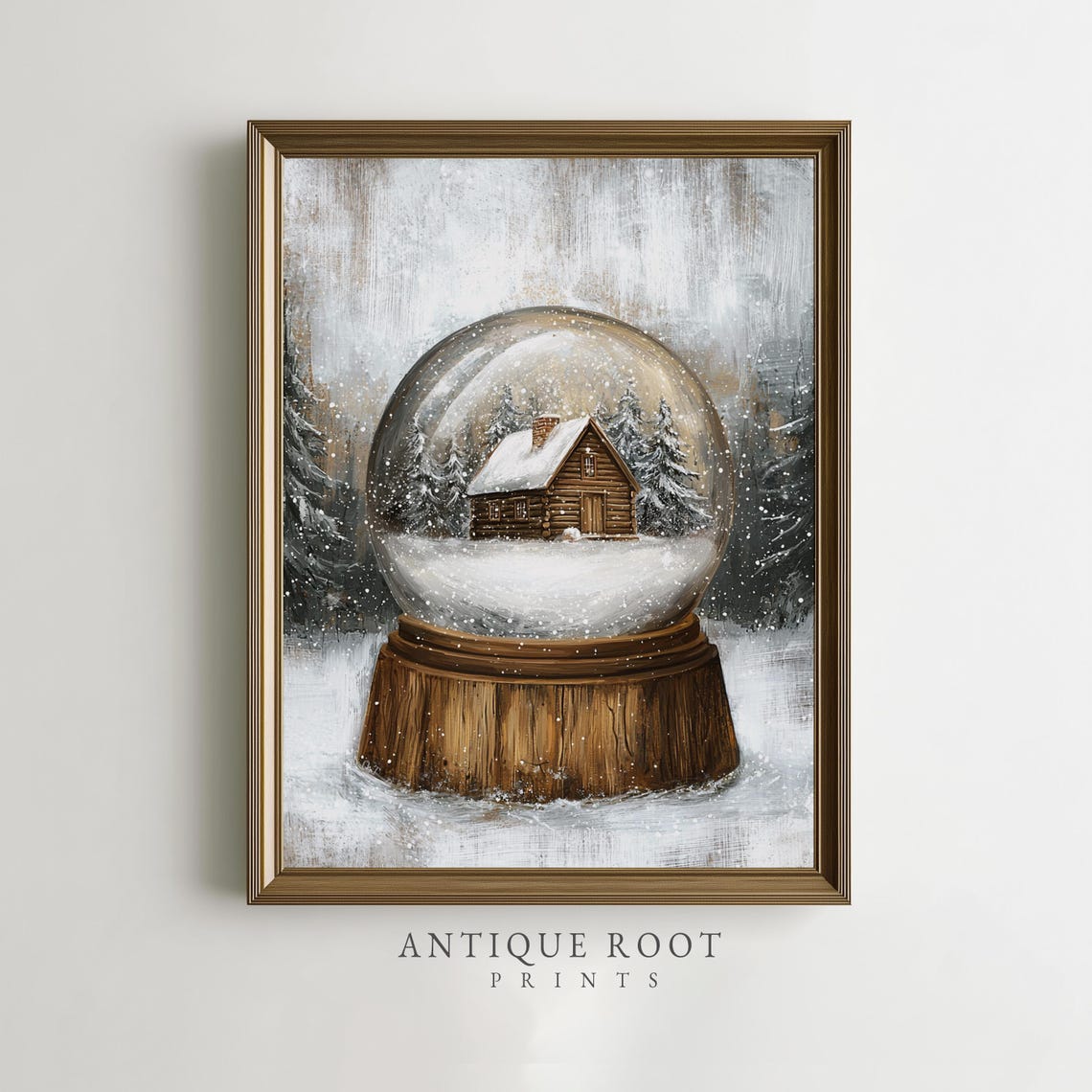 Snow Globe With Log Cabin Inside On Wooden Base Rustic Winter Poster