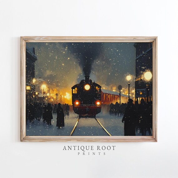 Vintage Steam Locomotive Snowy Night Station Festive Train Poster