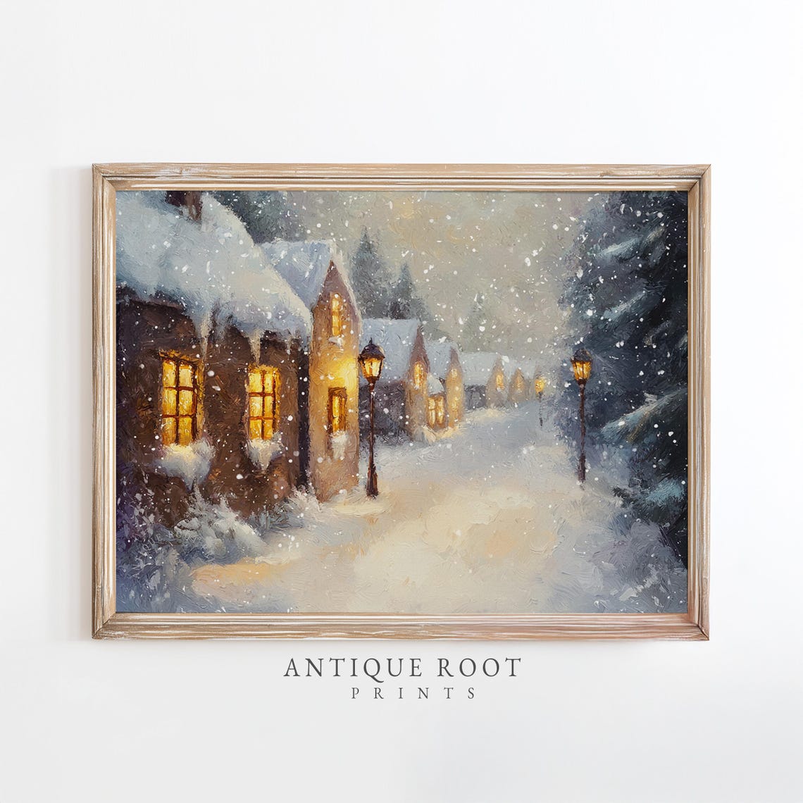 Snowy Village Street at Dusk With Glowing Windows Impressionist Poster