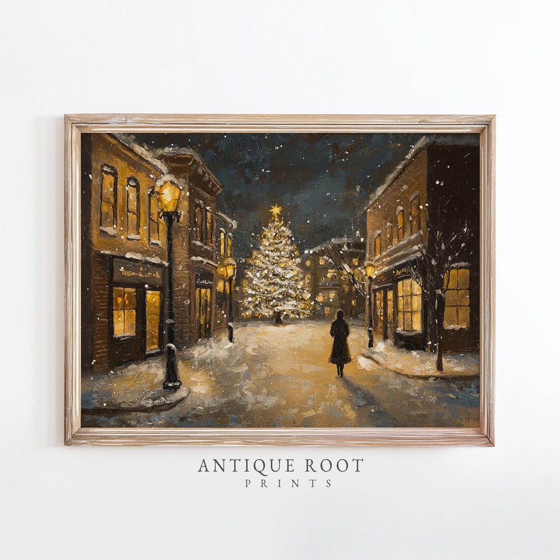 Christmas Tree Snowy Night Street Vintage Lamp Glow Holiday Art Print