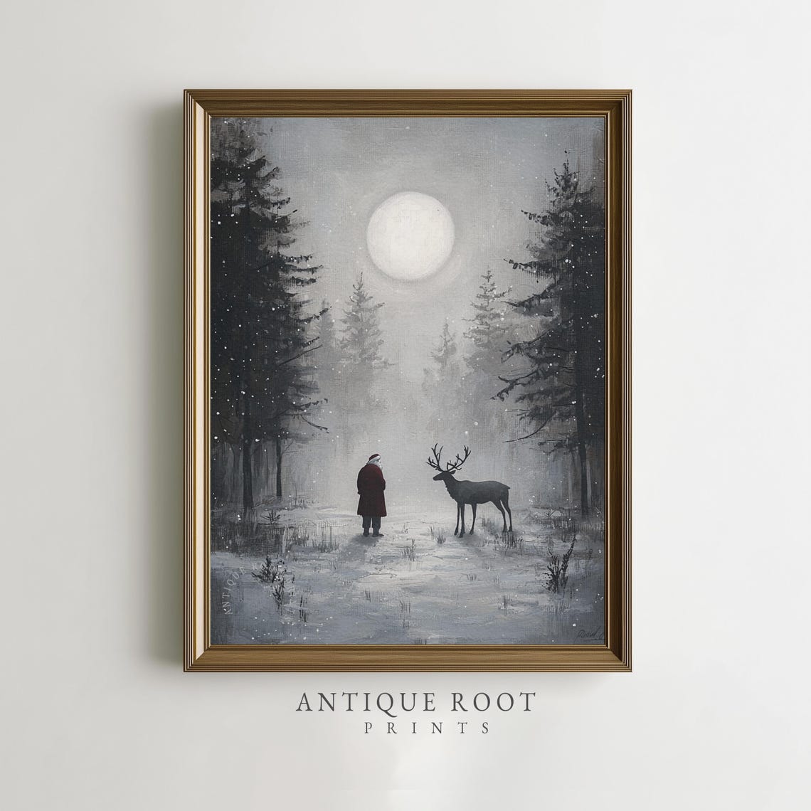 Santa And Reindeer Meeting Under Full Moon In Snowy Forest Poster