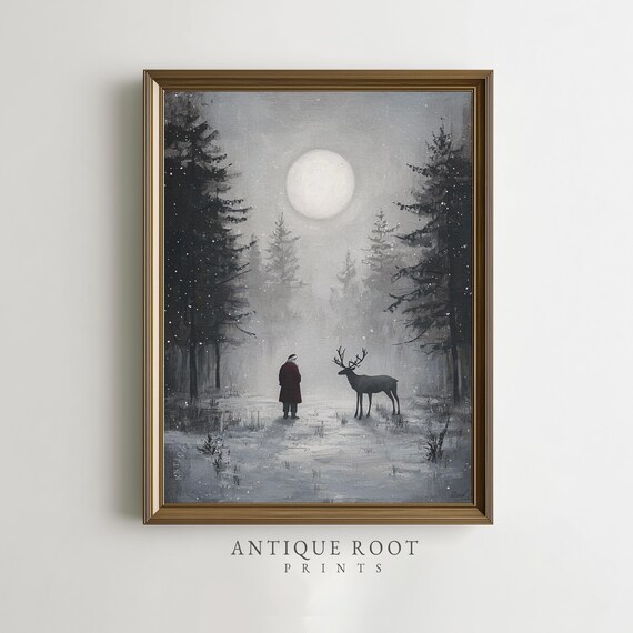 Santa And Reindeer Meeting Under Full Moon In Snowy Forest Poster