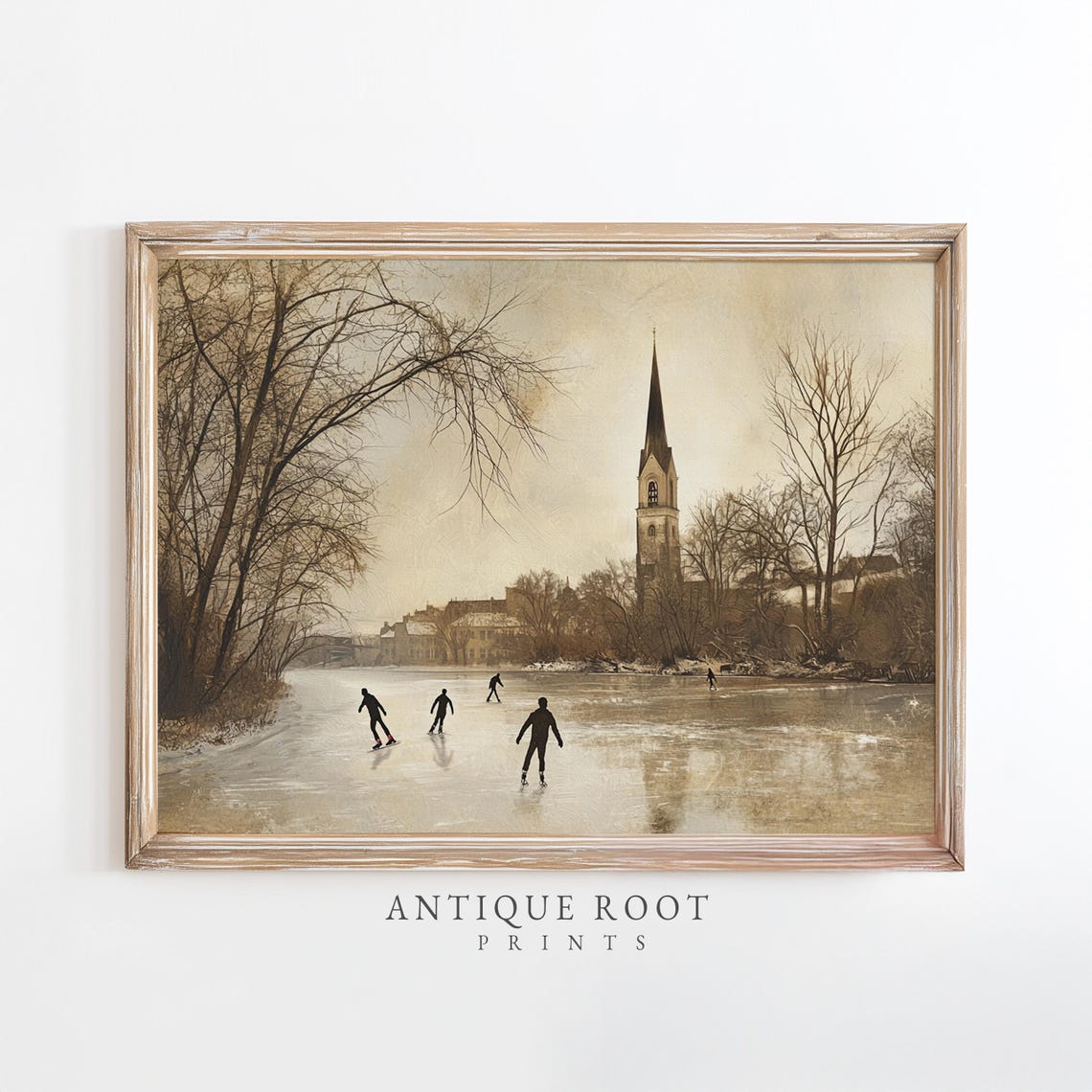 Vintage Ice Skaters Frozen River Winter Landscape Oil Painting Poster