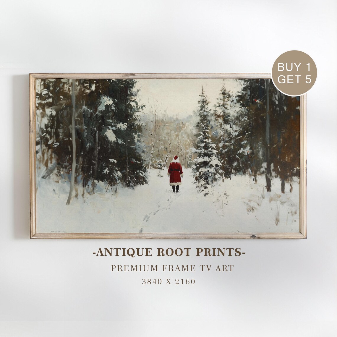 Santa Claus Winter Forest Snowy Pine Trees Vintage Christmas Frame TV Poster