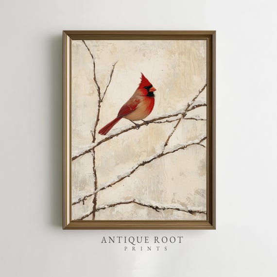 Cardinal On Snowy Branch Realistic Oil Painting Winter Wall Art Rustic Farmhouse Decor Minimalist Neutral Scene 100