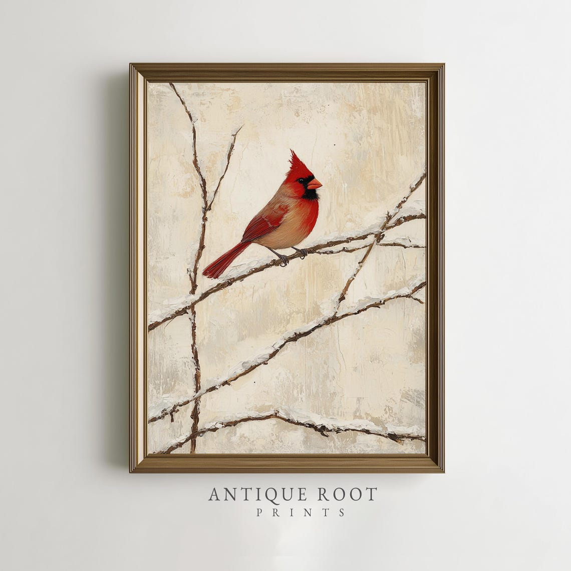 Red Cardinal Perched On Snowy Branch Realistic Oil Painting Poster