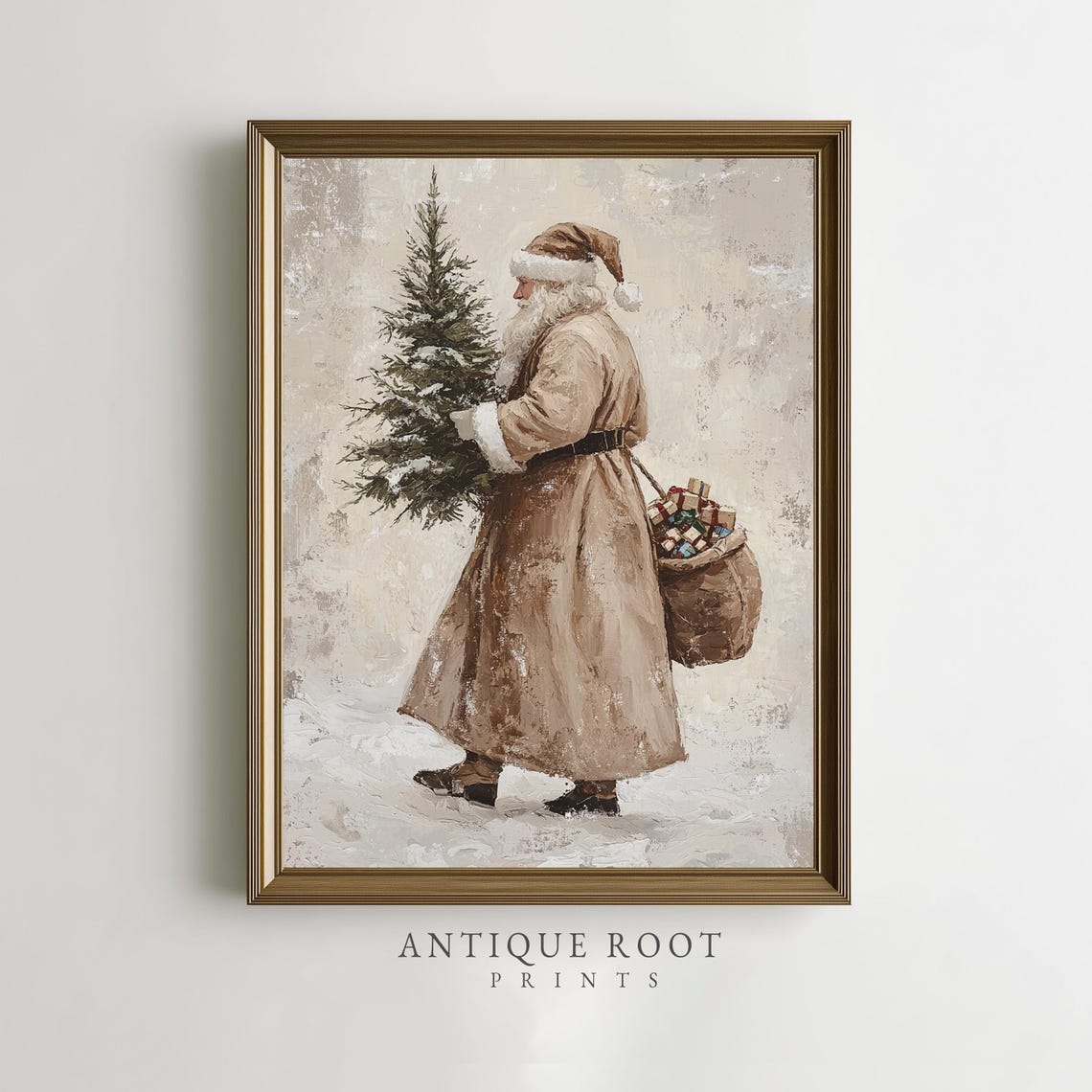Vintage Santa Claus Carrying Christmas Tree Old World Holiday Poster