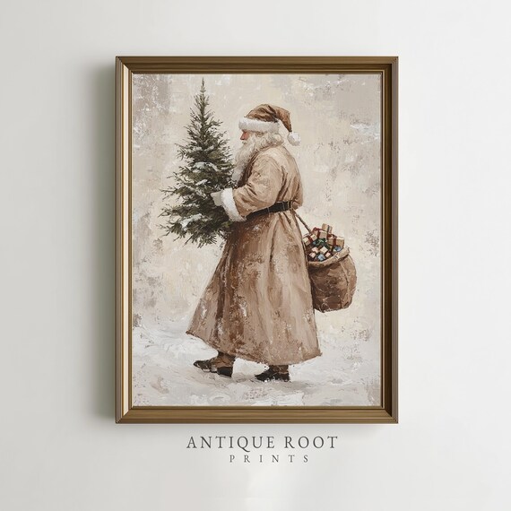 Vintage Santa Claus Carrying Christmas Tree Old World Holiday Poster