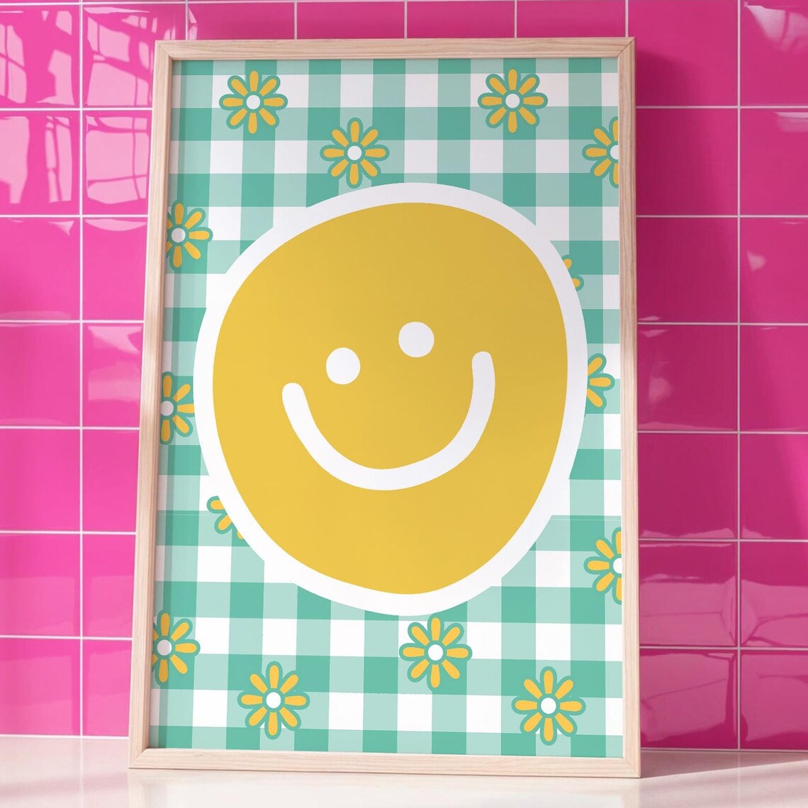 Retro Smiley Face Gingham Daisy Girls Room Wall Art Print Poster - Image 3