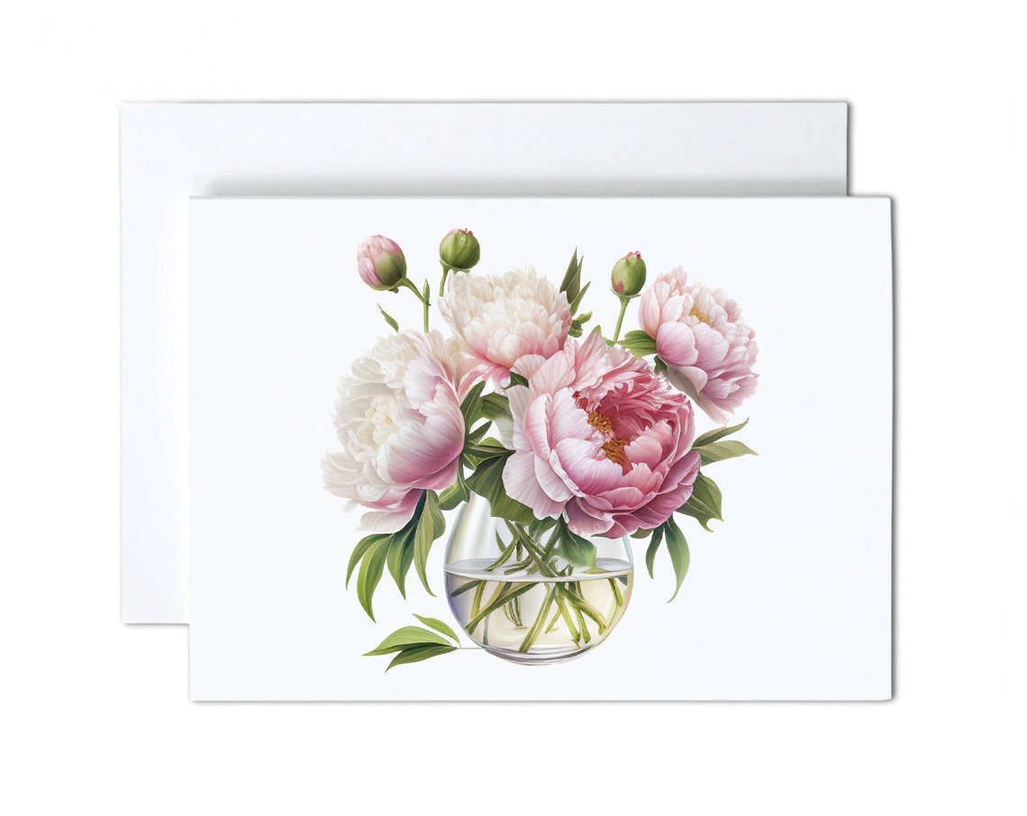 Pink Peony Bouquet Glass Vase Watercolor Greeting Card Pack Art Print