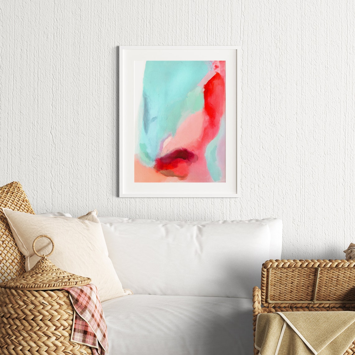 Turquoise And Coral Red Watercolor Washes Modern Abstract Wall Art - Image 3