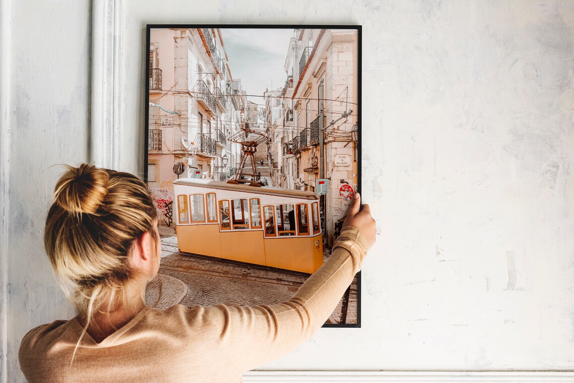 Lisbon Yellow Tram Climbing Cobblestone Street Vintage Wall Print - Image 3
