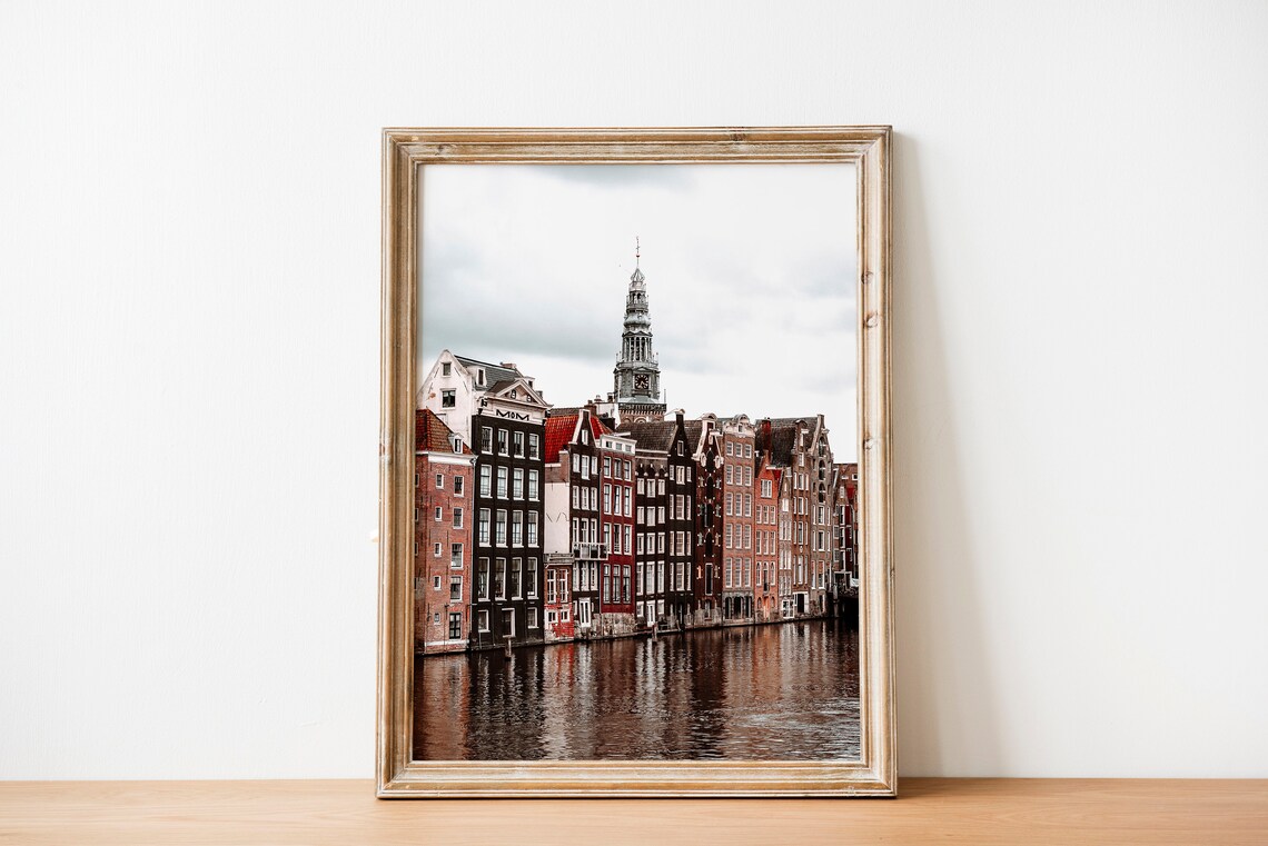 Amsterdam Gabled Canal Houses with Church Tower Photography Poster - Image 3