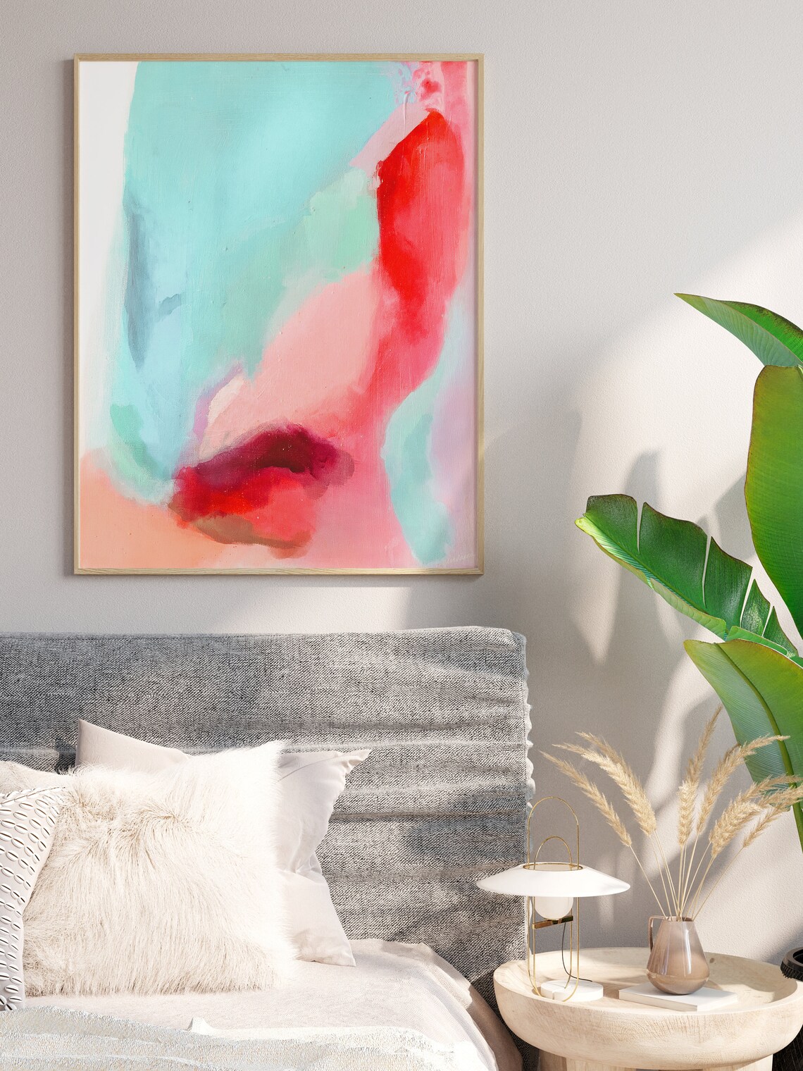 Turquoise And Coral Red Watercolor Washes Modern Abstract Wall Art - Image 2