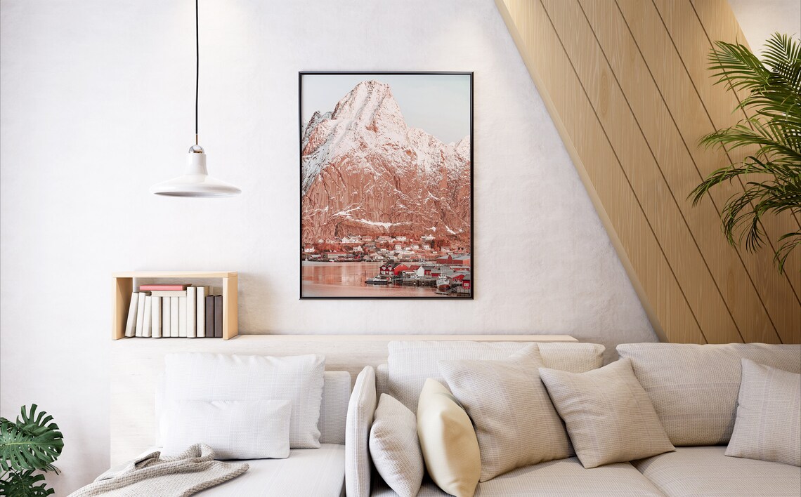 Norway Snowy Mountain Peak Above Fishing Village Photography Poster - Image 3