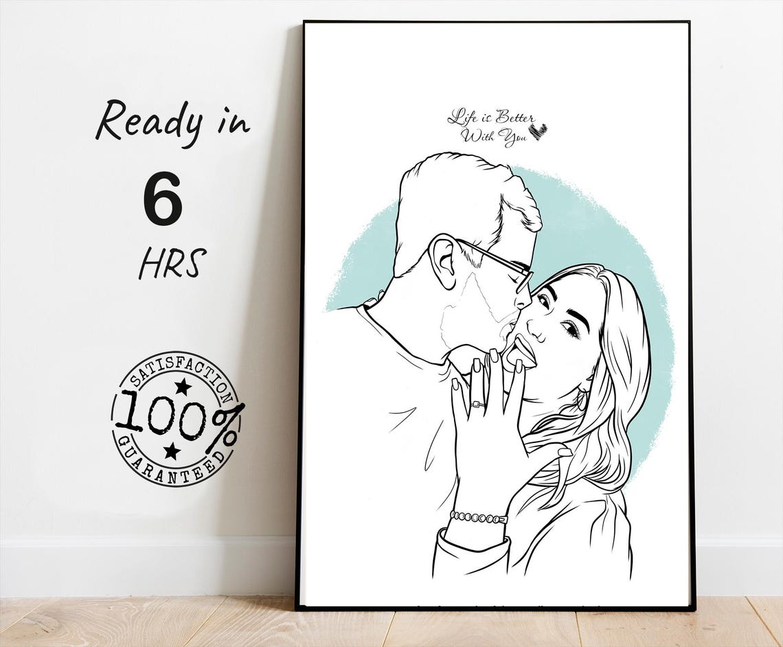 Life Is Better With You Romantic Couple Line Art Portrait Poster