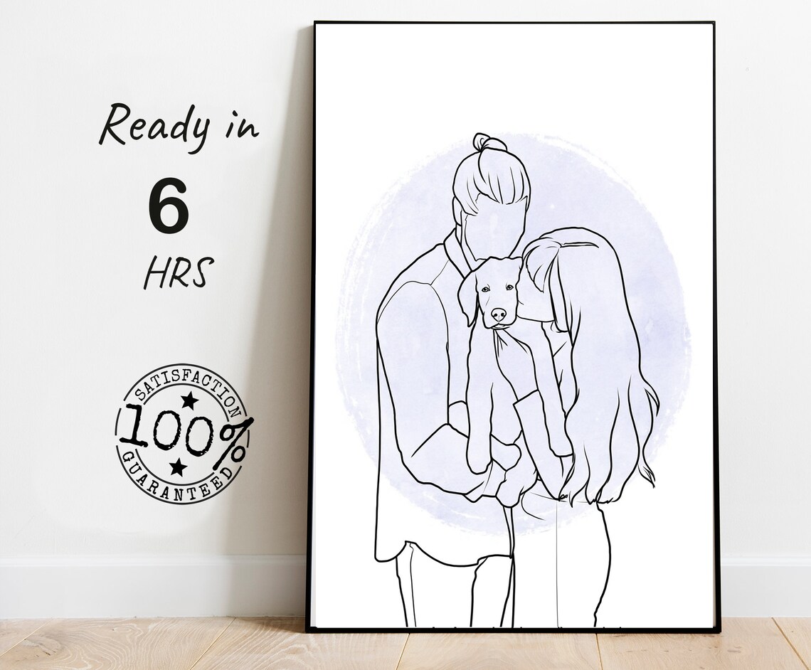 Faceless Couple Line Art Portrait with Dog Lavender Wash Poster