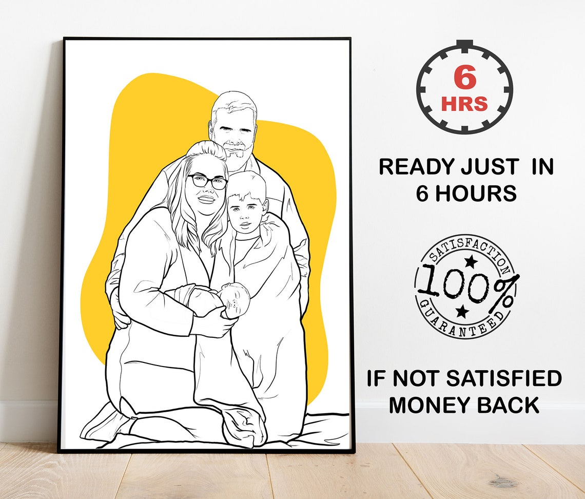 Custom Family Line Art Portrait With Yellow Abstract Background Poster