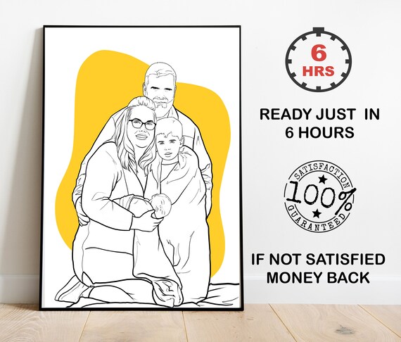 Custom Family Line Art Portrait With Yellow Abstract Background Poster
