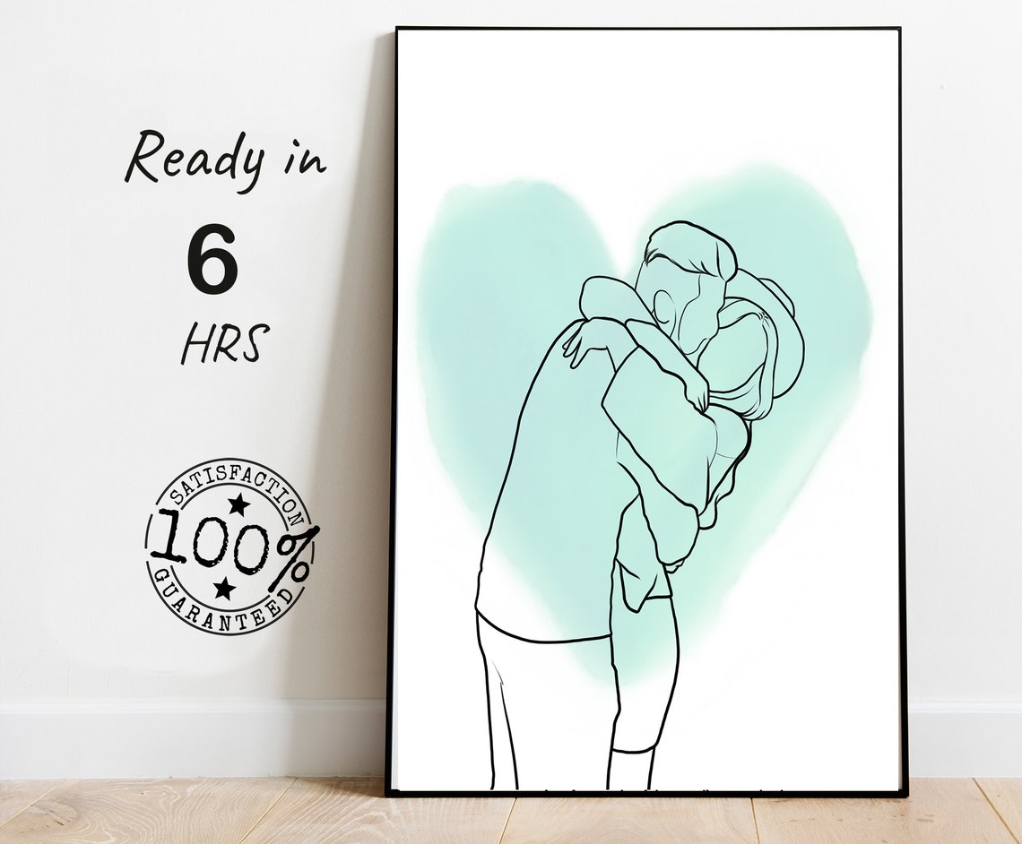 Faceless Couple Embrace Line Art Portrait With Mint Heart Poster