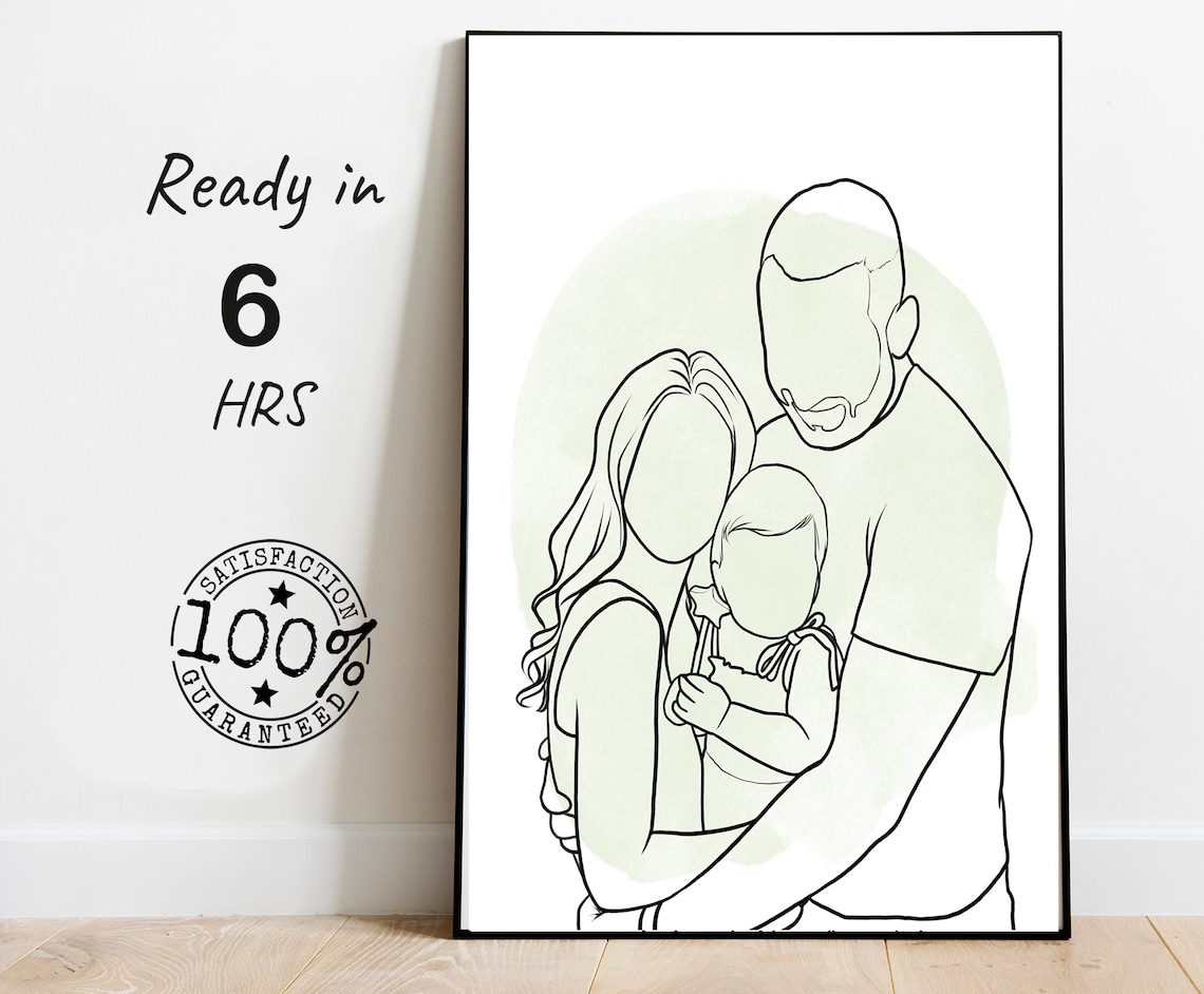 Custom Faceless Family Line Drawing With Baby and Heart Poster