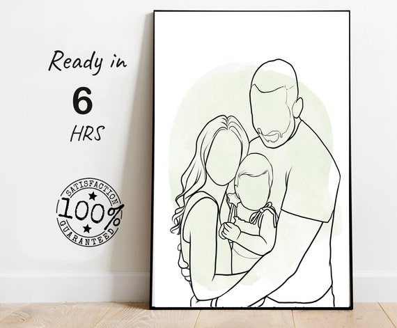 Custom Faceless Family Line Drawing With Baby and Heart Poster