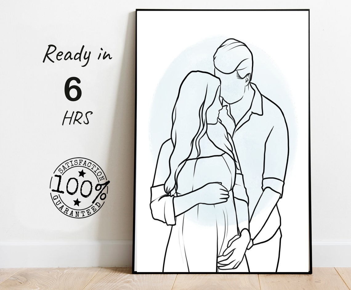 Custom Couple Line Drawing Expecting Parents Sweet Embrace Poster