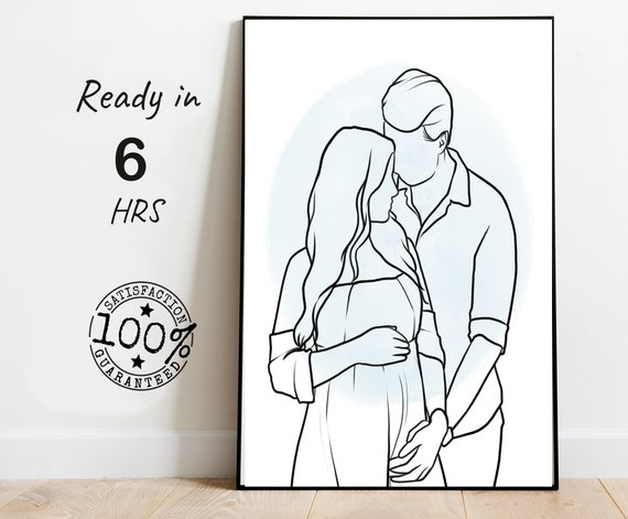 Custom Couple Line Drawing Expecting Parents Sweet Embrace Poster