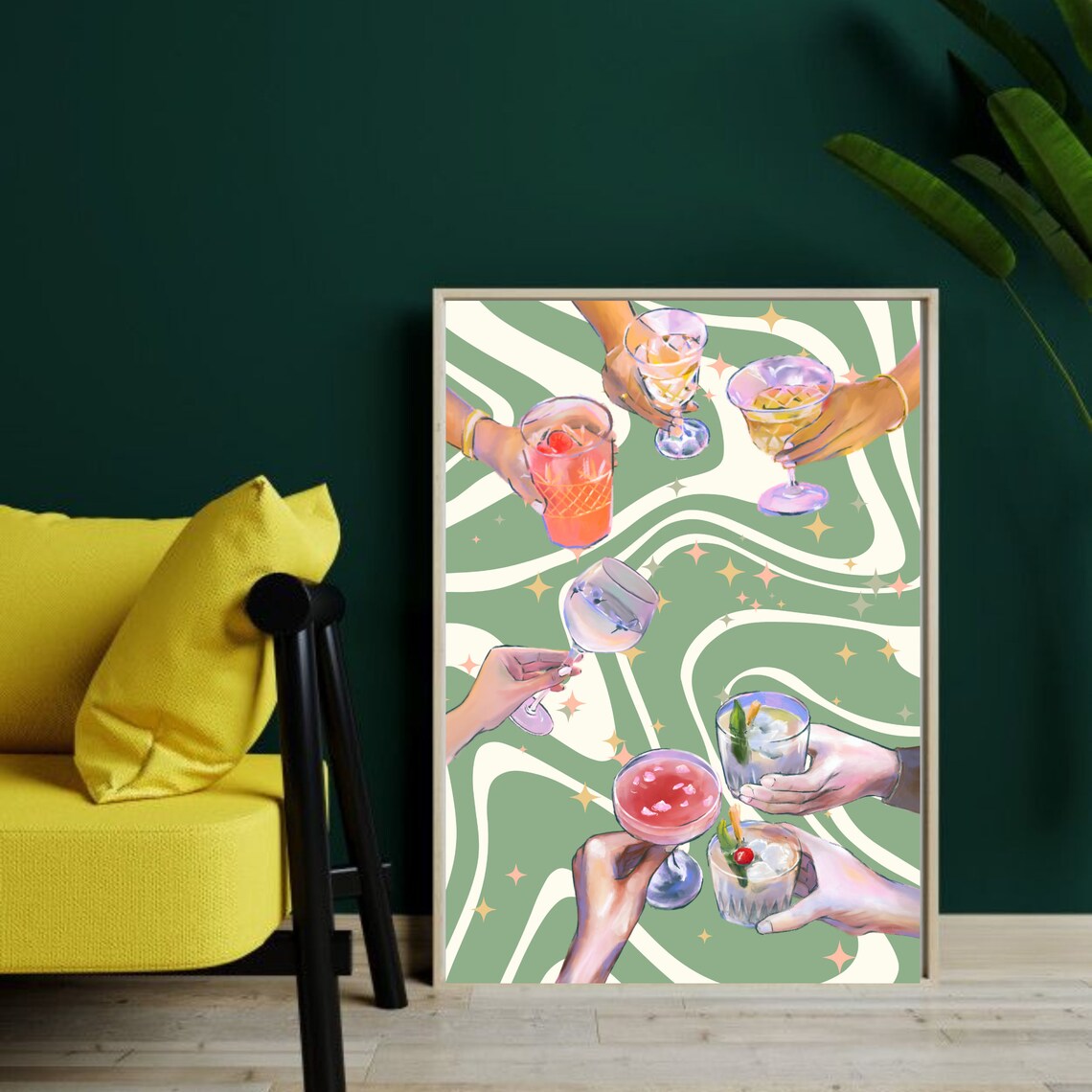 Cheers Cocktail Hands Retro Green Swirl Girls Night Out Poster - Image 2