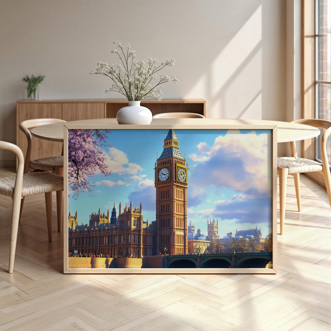 Big Ben and Westminster Watercolor Poster with Cherry Blossom Sky