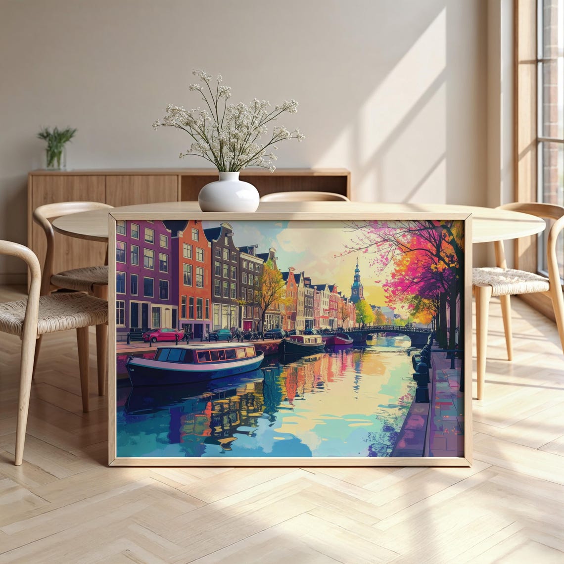 Amsterdam Canal Houses Boats Colorful Reflection Cityscape Poster
