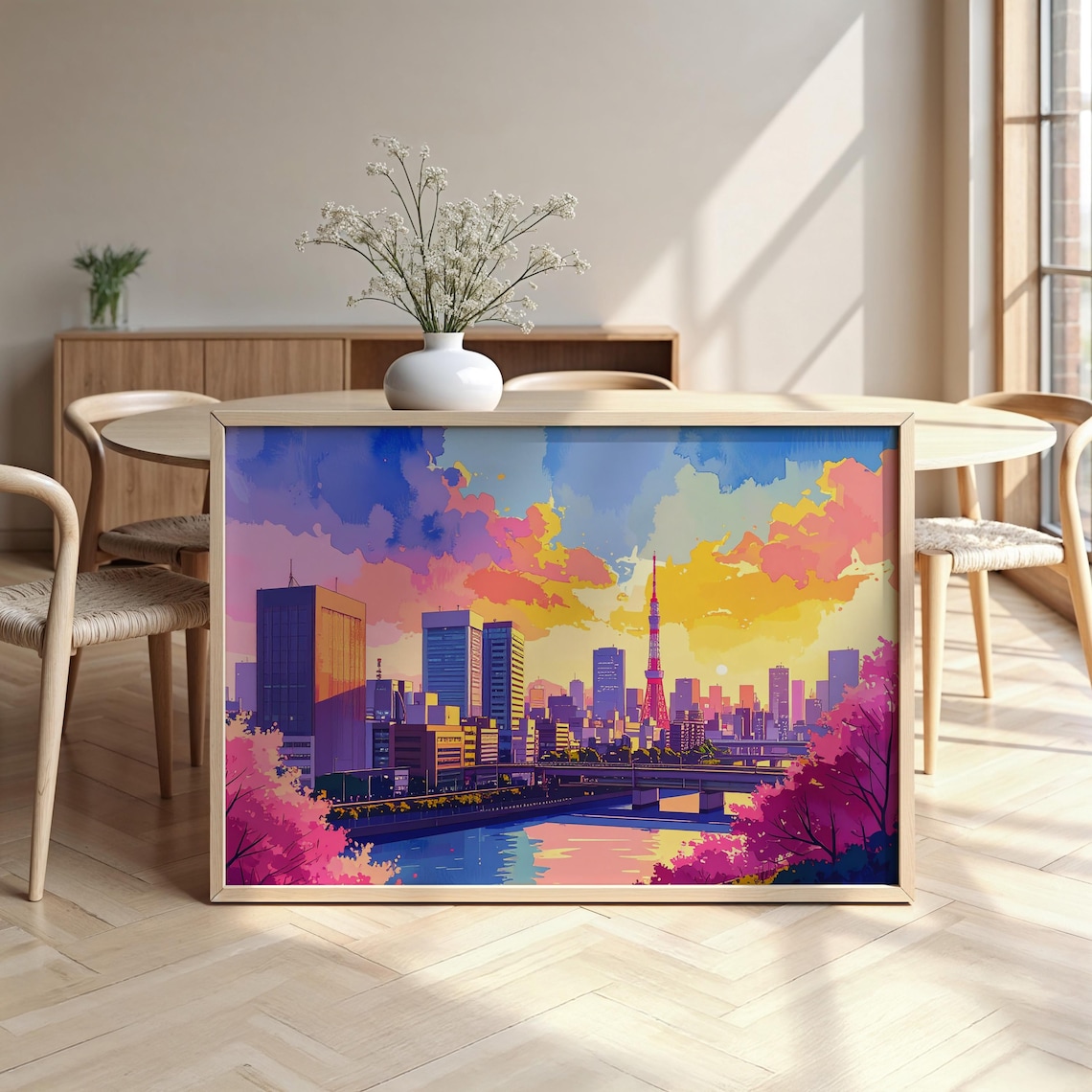 Tokyo Tower Cherry Blossom Colorful Watercolor City Skyline Travel Poster
