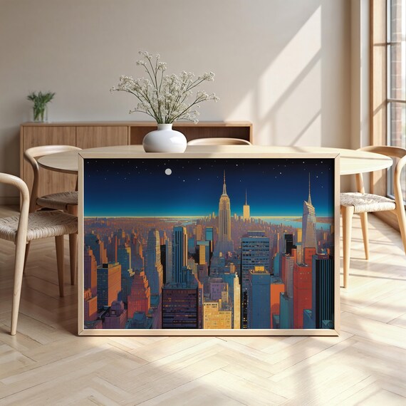 New York Manhattan Night Skyline Poster Empire State Moon Stars City Art