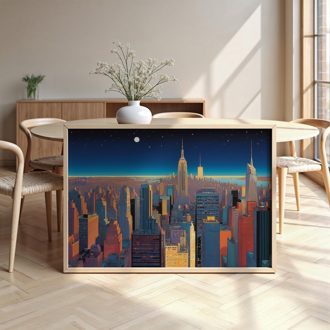 New York Manhattan Night Skyline Poster Empire State Moon Stars City Art