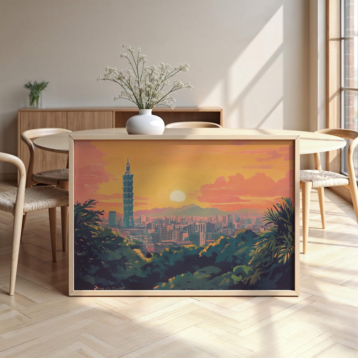Taipei 101 Sunset Poster with Orange Sky and Green Mountain View